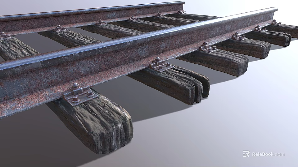 Railroad Track Structure With Rusty Metal Rails Wooden Ties And Metal Bolts 3d model 