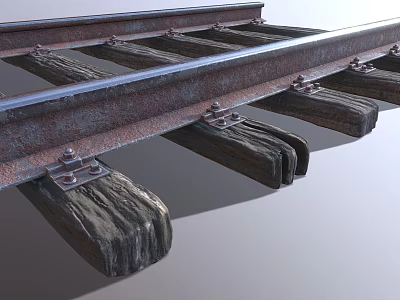 Railroad Track Structure With Rusty Metal Rails Wooden Ties And Metal Bolts 3d model