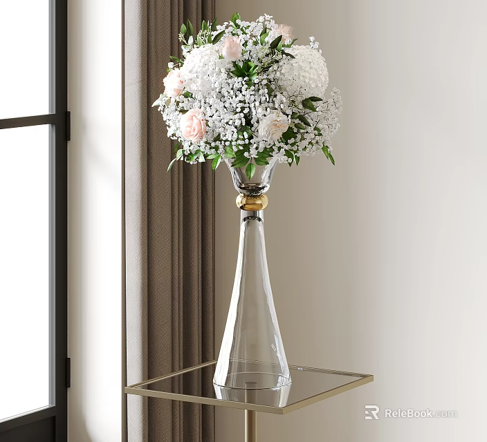 Clear Glass Vase With Golden Accent Holding White Pink Blooms Green Leaves On Metal Table 3d model 