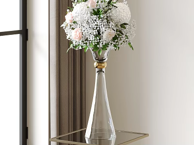 Clear Glass Vase With Golden Accent Holding White Pink Blooms Green Leaves On Metal Table 3d model