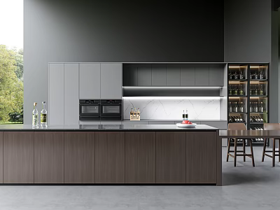 Modern Kitchen Interior With Gray Wooden Cabinets Island Counter Wine Cabinet And Dining Chairs 3d model
