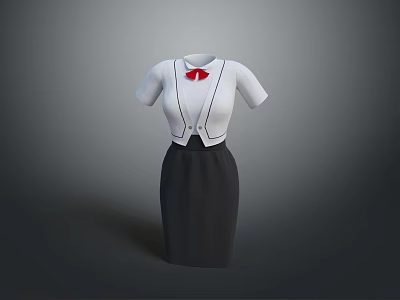Women's White Short Sleeve Top With Black Vest Red Bow Tie And Black Skirt 3d model