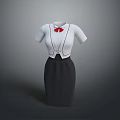 Women's White Short Sleeve Top With Black Vest Red Bow Tie And Black Skirt