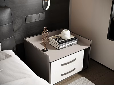 Bedside Table With Drawers And Stack Of Books On Light Top Near Black Leather Headboard 3d model
