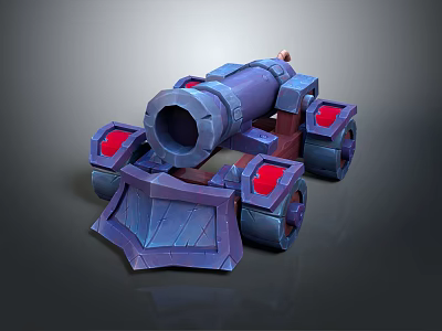 Detailed Purple 3D Game Cannon With Red Wheels And Sturdy Base 3d model