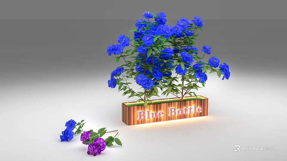 Colorful Plant Combination With Blue Purple Flowers In Wooden Planter And Blue Bottle Sign 3d model 