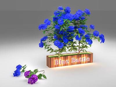 Colorful Plant Combination With Blue Purple Flowers In Wooden Planter And Blue Bottle Sign 3d model