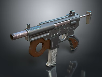 Vintage Submachine Gun With Wooden Grip Engraved Barrel And Metal Frame 3d model