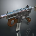 Vintage Submachine Gun With Wooden Grip Engraved Barrel And Metal Frame