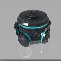 Futuristic Metallic Circular Weapon With Blue Glowing Lines And Dual Bottom Emitters