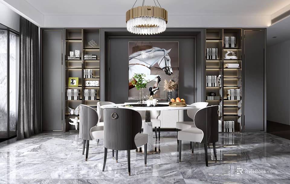 Elegant Modern Dining Room With Chandelier Marble Floor Horse Painting And Green Plant 3d model 