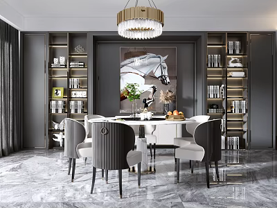 Elegant Modern Dining Room With Chandelier Marble Floor Horse Painting And Green Plant 3d model