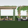 Wooden Outdoor Pergola Covered With Green Vines And Cozy Seating On Lawn