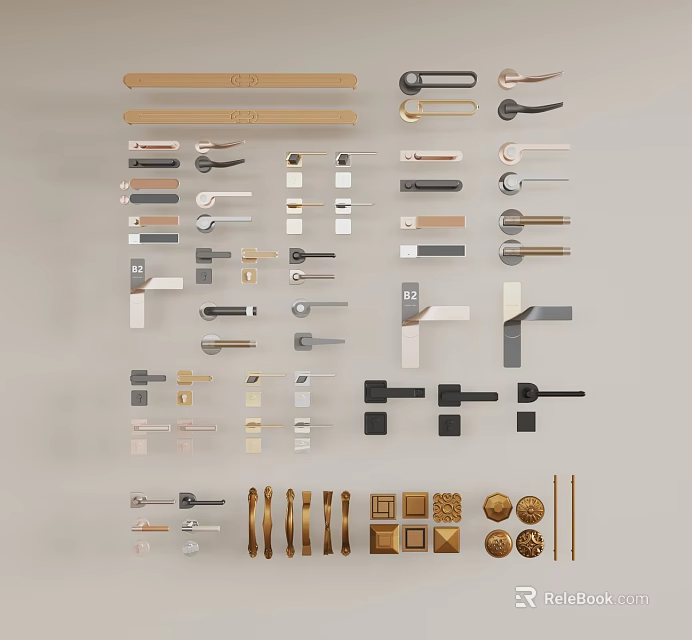 Assorted Door Handles And Hardware Accessories In Various Colors And Styles 3d model