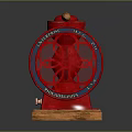 Red Vintage Kitchen Appliance With Wooden Base And Decorative Grinding Wheels