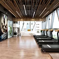 Modern Gym Interior With Fitness Equipment Colorful Graffiti Wall Wooden Floor Yellow Ladder And TV