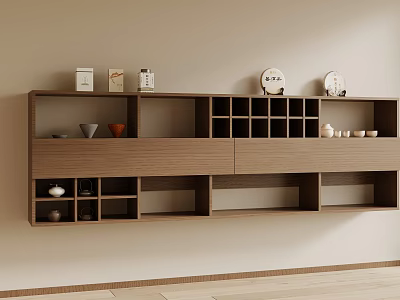 Modern Wooden Decorative Cabinet With Multiple Storage Compartments And Decorative Items On Top 3d model