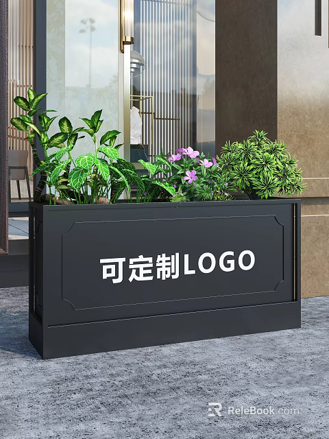 Garden Decorative Planter Featuring Customizable LOGO Green Plants and Purple Flowers 3d model 