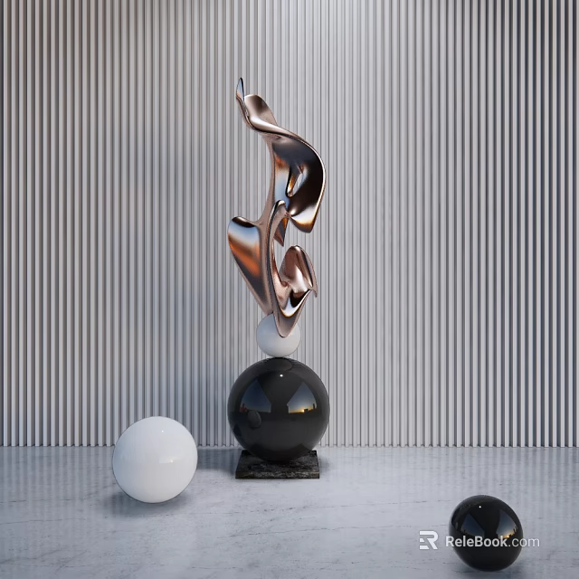 Modern Abstract Sculpture With Copper Streamlined Shape Black Sphere Base White Balls Against Striped Wall 3d model 