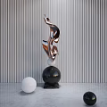 Modern Abstract Sculpture With Copper Streamlined Shape Black Sphere Base White Balls Against Striped Wall
