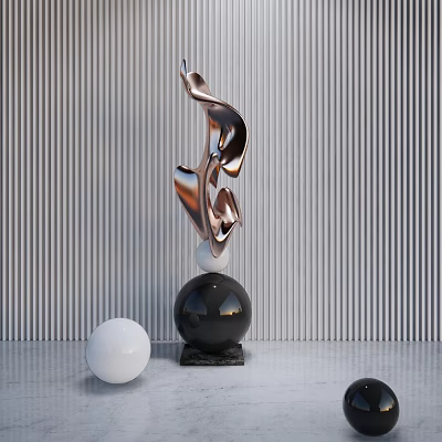 Modern Abstract Sculpture With Copper Streamlined Shape Black Sphere Base White Balls Against Striped Wall 3d model