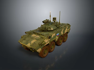 Military Wheeled Armored Tank With Camouflage Pattern Turret Antenna And Russian Flag 3d model