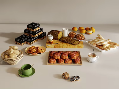 Freshly Baked Assorted Bread And Pastries With Chocolate Cakes Oranges Wooden Tray And Basket 3d model