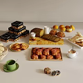 Freshly Baked Assorted Bread And Pastries With Chocolate Cakes Oranges Wooden Tray And Basket