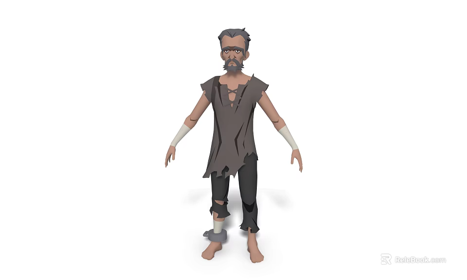 Elderly Bearded Man In Tattered Shirt With Arm Bandages Torn Pants And Barefoot 3d model 