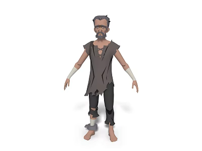 Elderly Bearded Man In Tattered Shirt With Arm Bandages Torn Pants And Barefoot 3d model