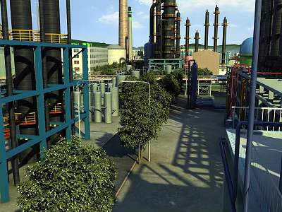 Industrial Plant Outdoor Area Featuring Large Equipment Pipes Storage Tanks Towers And Green Trees 3d model