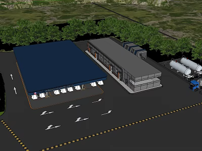 Industrial Facility With Blue Roof Warehouse Adjacent Building Parking Lot Oil Tankers And Trees 3d model
