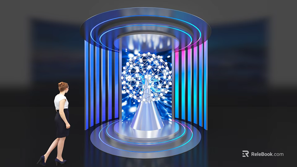 Interactive Light Installation With Dandelion Pattern Blue Purple Lighting And Woman Viewing 3d model 