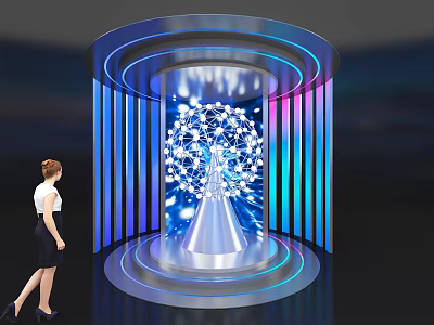 Interactive Light Installation With Dandelion Pattern Blue Purple Lighting And Woman Viewing 3d model