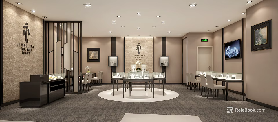Jewelry Store Interior Design With Glass Display Cases And Elegant Lighting Showcase Area 3d model 