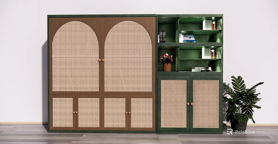 Green Bookshelf With Arched Rattan Doors And Open Shelves Featuring Potted Plant And Books 3d model 