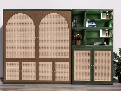 Green Bookshelf With Arched Rattan Doors And Open Shelves Featuring Potted Plant And Books 3d model