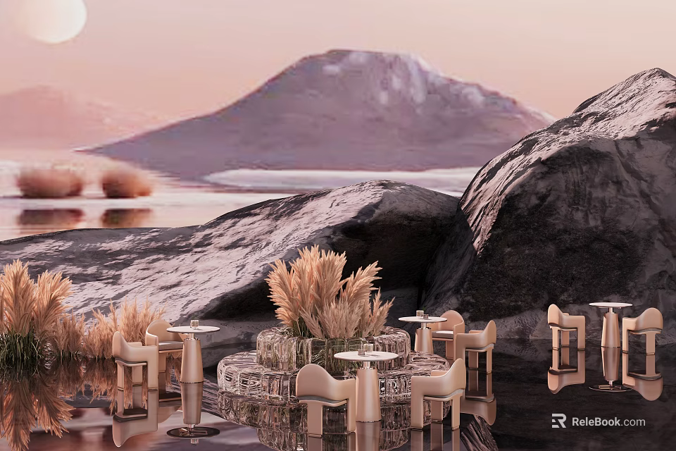 Elegant Sofa and Coffee Table Set with Rock Reed Mountain Sunset and Water Reflection 3d model