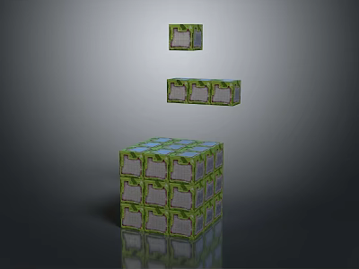 Cartoon Scene Featuring Green Patterned Cubes Stacked and Floating With Reflective Surfaces 3d model