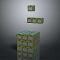 Cartoon Scene Featuring Green Patterned Cubes Stacked and Floating With Reflective Surfaces 3d model