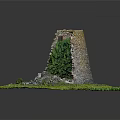Whimsical Cartoon Scene With Stone Ruin Green Grass And Small Tree