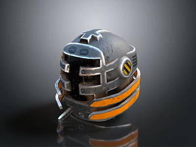 Futuristic Weapon Helmet With Metallic Mechanical Design And Orange Stripes 3d model