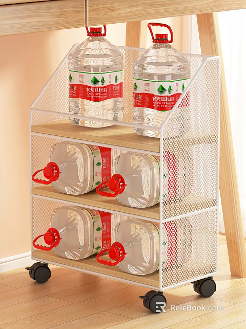 Practical Desk With Multilayer Mesh Storage Rack Holding Transparent Bottles And Red Cap Containers 3d model