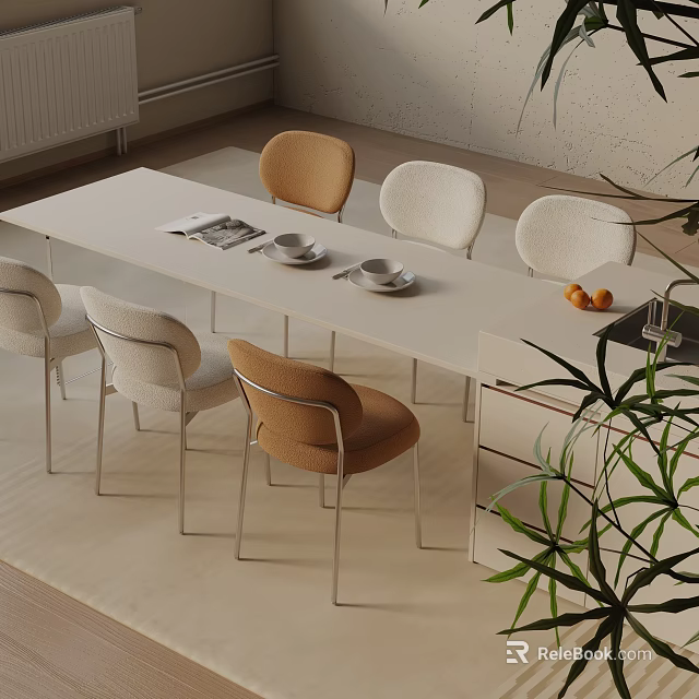 Modern White Long Dining Table Set with Beige Brown Chairs Coffee Cups Newspaper and Plants 3d model 