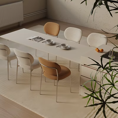Modern White Long Dining Table Set with Beige Brown Chairs Coffee Cups Newspaper and Plants 3d model