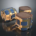 Drum Shaped Household Stools With Blue Gold Frames And Brown Padded Tops 3d model