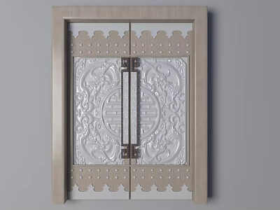 Chinese Style Swing Door with Symmetrical Intricate Carved Patterns Wooden Frame and Metal Handles 3d model