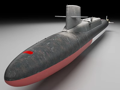 Military Submarine with Dark Hull Red Bottom and Conning Tower Side View 3d model
