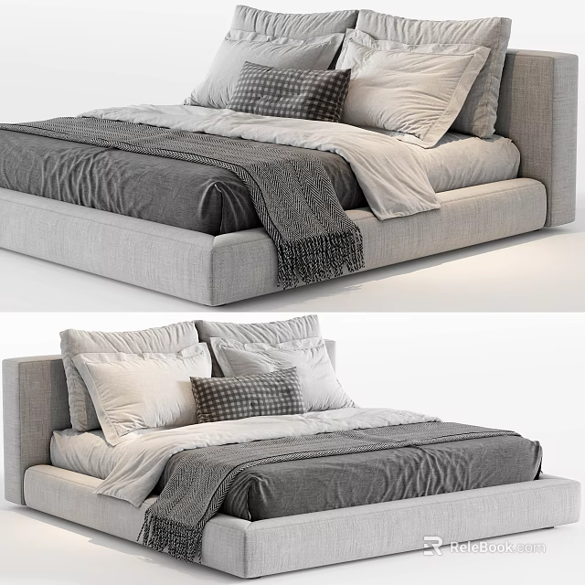 Modern Double Bed With Upholstered Frame Gray White Bedding And Decorative Pillows 3d model 