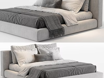 Modern Double Bed With Upholstered Frame Gray White Bedding And Decorative Pillows 3d model